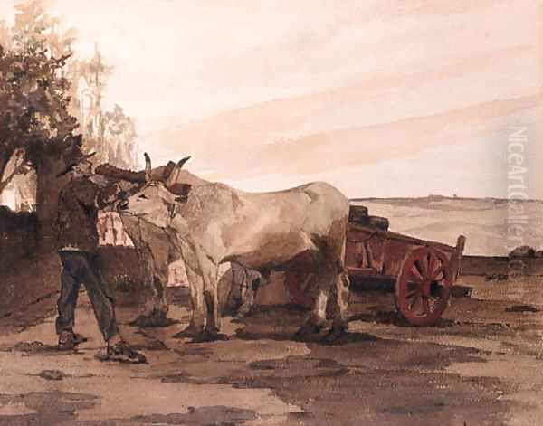 Oxen in a Field with a Farmer adjusting their Harness Oil Painting by Giovanni Fattori