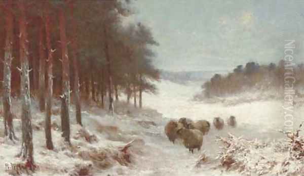 Sheep in a snowy landscape Oil Painting by Joseph Farquharson