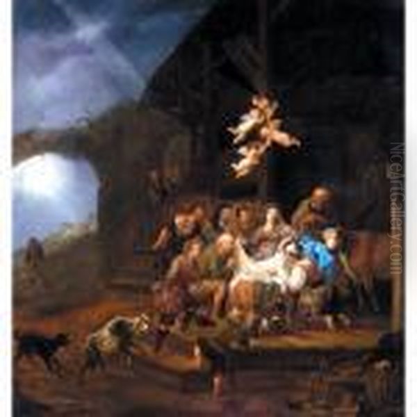 The Adoration Of The Shepherds, 
With The Annunciation To The Shepherds On A Hillside Beyond Oil Painting by Francois Verwilt