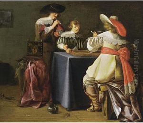 An Elegant Company Smoking And Playing Tric-trac In An Interior Oil Painting by Francois Verwilt