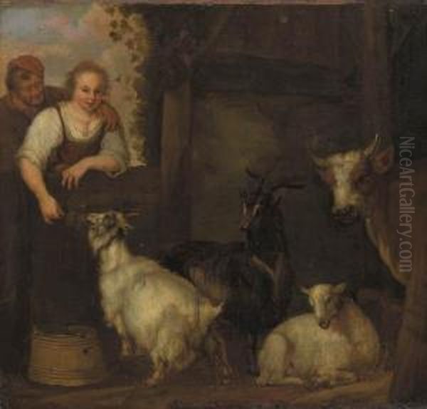 A Shepherd Couple Courting By A Barn, Goats And A Cow Nearby Oil Painting by Francois Verwilt