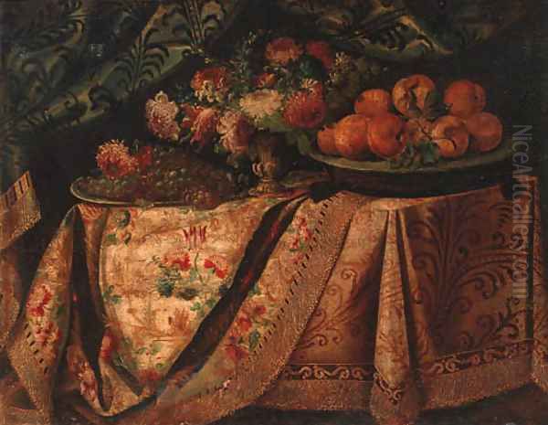 A vase of flowers with a salvers of grapes and oranges on a draped table Oil Painting by Francesco (Il Maltese) Fieravino