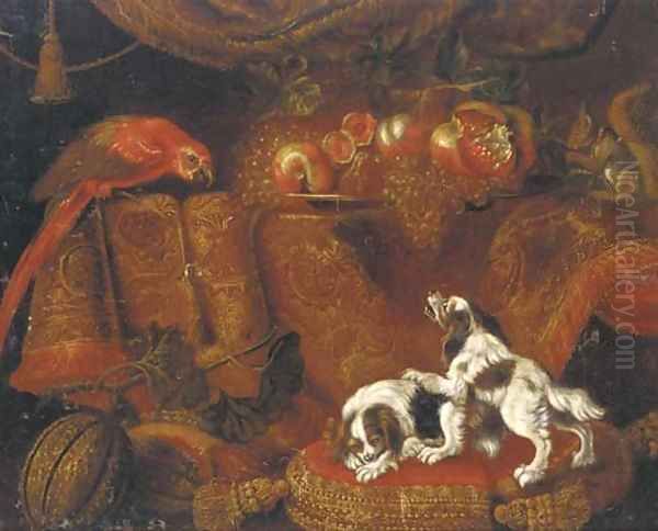 Two spaniels on gold trimmed red cushion Oil Painting by Francesco (Il Maltese) Fieravino