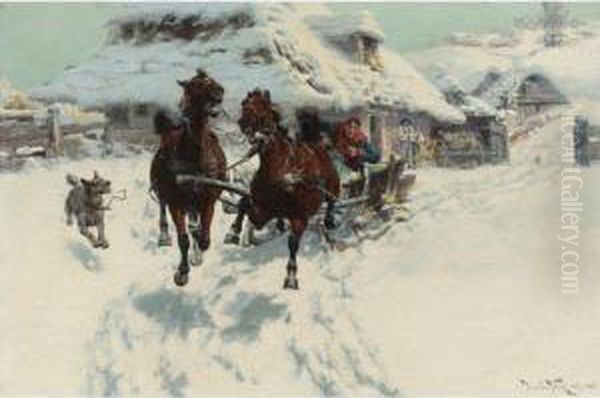 Setting Off By Sleigh Oil Painting by Jaroslav Friedrich Julius Vesin