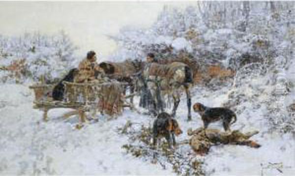 A Winter Hunt Oil Painting by Jaroslav Friedrich Julius Vesin