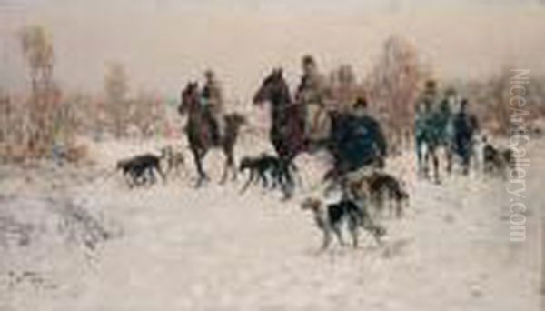 Setting Out On The Hunt Oil Painting by Jaroslav Friedrich Julius Vesin