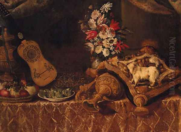 A dog on a cushion with an upturned ornamental gilt jug Oil Painting by Francesco (Il Maltese) Fieravino