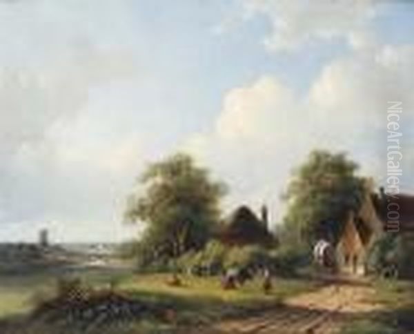 Weiteniederlandische Landschaft, Im Vordergrund Ein Gehoft Mit Melkendenbauerinnen Oil Painting by Willem Vester