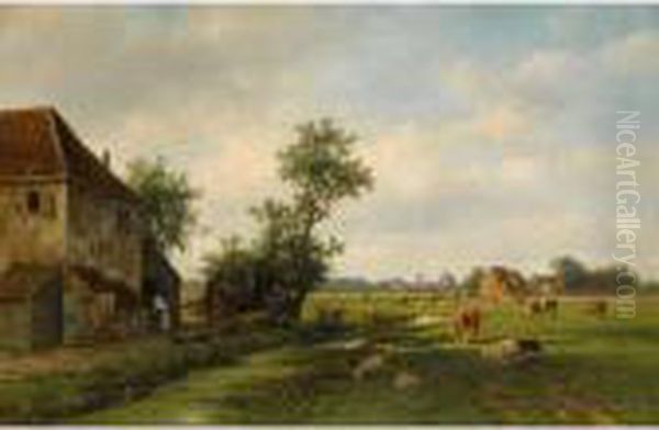 A Sunny Landscape With Cattle Near A Farm Oil Painting by Willem Vester