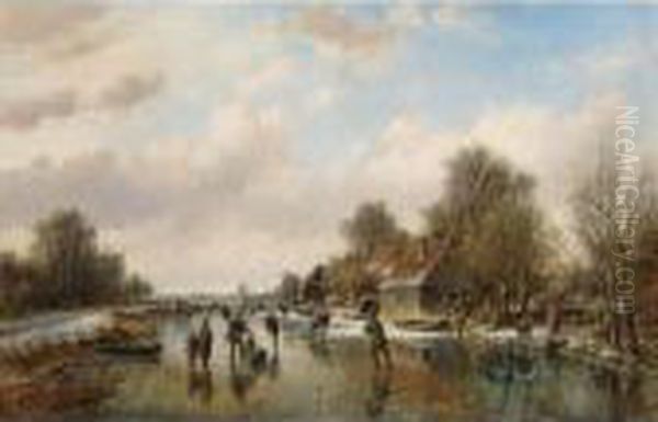 A Winter Landscape With Skaters On A Frozen Waterway Oil Painting by Willem Vester