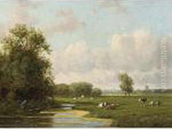 Cows In A Dutch Polder Landscape Oil Painting by Willem Vester