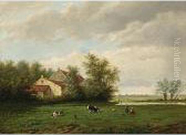 A Landscape With Two Girls Playing In A Meadow Near A House Oil Painting by Willem Vester