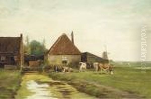 Cattle By A Farmhouse On A Canal Oil Painting by Willem Vester