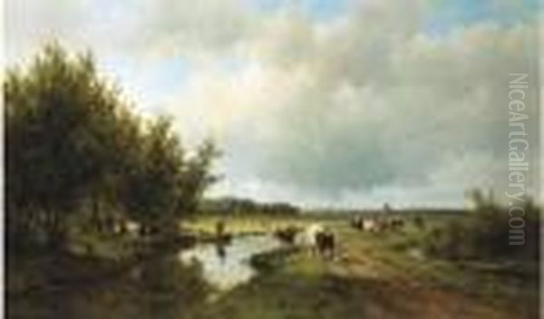 Landschap Aan De Wippervaart Te Heemstede: An Extensive Polder Landscape In Summer Oil Painting by Willem Vester