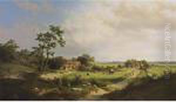 An Extensive Summer Landscape With Haying Farmers Oil Painting by Willem Vester