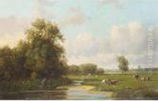 Cows In A Summer Landscape Oil Painting by Willem Vester