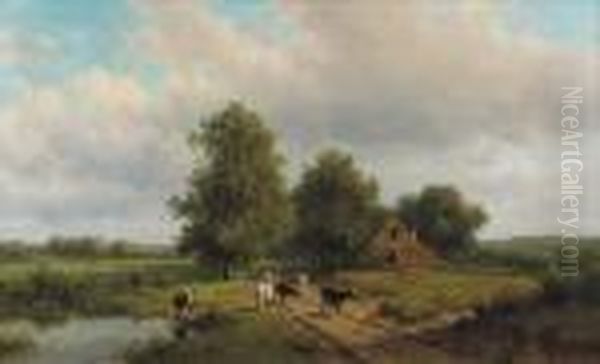 Cows On A Sandy Track In A Wooded Landscape Oil Painting by Willem Vester