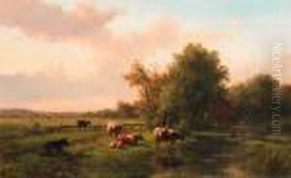 A Landscape With Cows On A Riverbank, A Farm Beyond Oil Painting by Willem Vester