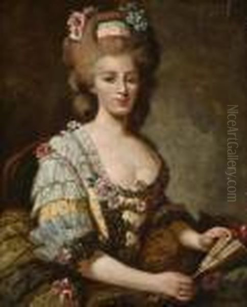 A Portrait Of A Lady Wearing A Lace-trimmedyellow Dress And Holding A Fan Oil Painting by Antoine Vestier