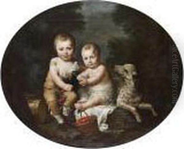 Deux Jeunes Enfants Avec Un Chien, Une Perruche Et Des Cerises Dans Un Paysage Oil Painting by Antoine Vestier