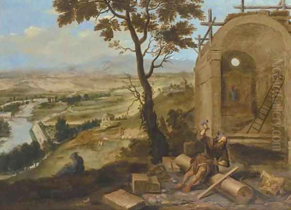 An extensive river landscape with a monk constructing a church Oil Painting by Paolo Fiammingo