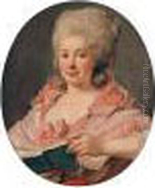 Portrait Of A Lady, Half Length, Wearing A Lace-trimmed Pink Dress And Holding A Book Oil Painting by Antoine Vestier