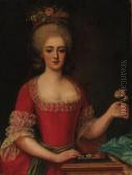 Portrait Of A Lady, Half-length,
 In A Red Dress Trimmed With Lace,a Carnation In Her Left Hand Oil Painting by Antoine Vestier