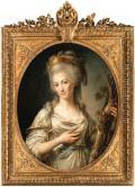 Portrait Of A Lady, Said To Be 
Princesse De Lamballe, Standingthree-quarter Length, Wearing A White 
Dress With A Blue Sash,beside A Tree With A Grapevine Oil Painting by Antoine Vestier