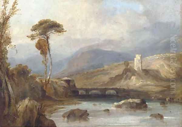 Figures on a bridge, with ruins beyond Oil Painting by Anthony Vandyke Copley Fielding