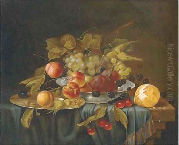 A bowl and a salver of grapes, plums and blackberries by cherries and a lemon on a draped table. Oil Painting by George Forster