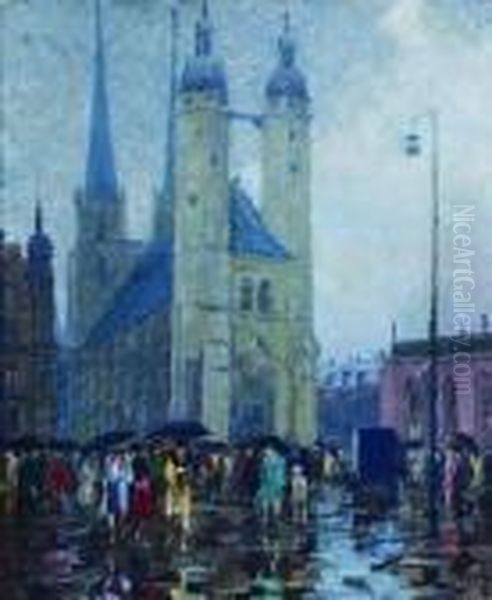 Regentag (halle An Der Saale?). Oil Painting by Charles Guy Vetter