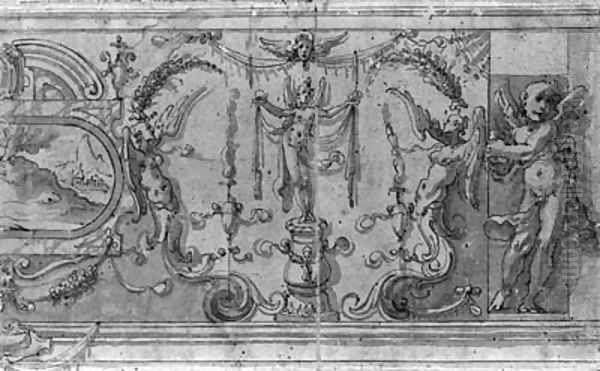 A wall decoration with a landscape painting in a cartouche and winged figures holding garlands Oil Painting by Marco Marchetti, Called Marco Da Faenza