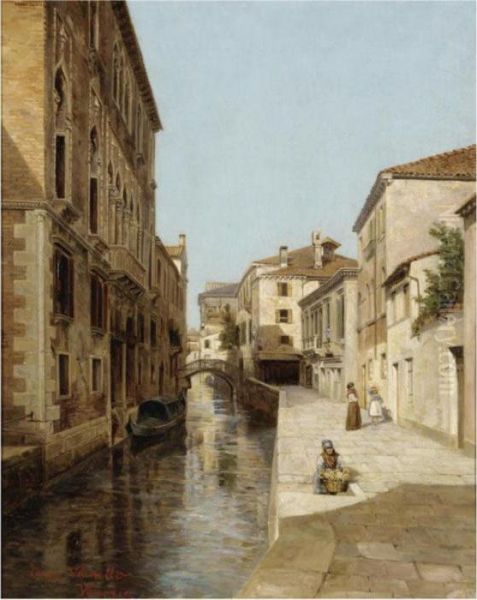 Venetian Canal Oil Painting by Cesare C. Vianello