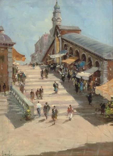 On The Rialto Bridge, Venice Oil Painting by Cesare C. Vianello