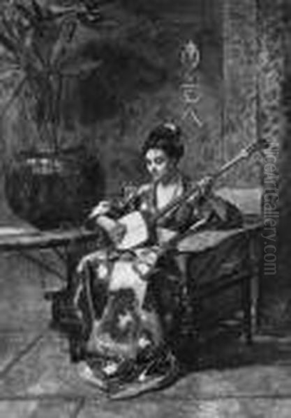 An Oriental Woman Playing A Shamisen Oil Painting by Jehan Georges Vibert