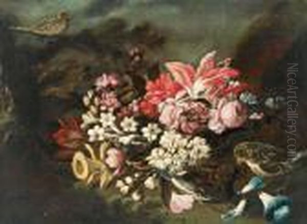 Ito Natura Morta Di Fiori E Uccelli In Un Giardino Oil Painting by Vicenzino