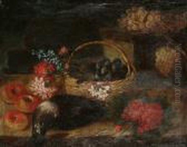 A Still Life Of Fruit And A Dead Bird On A Stone Ledge Oil Painting by Vicenzino