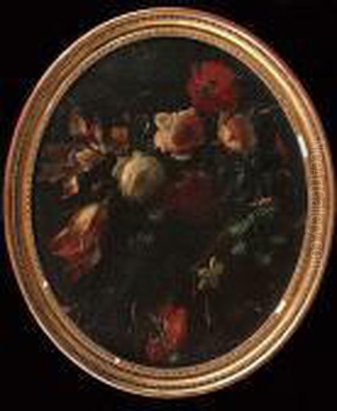 Carnations, Roses And Other 
Flowers Above A Carved Stone Shell; And Roses, Tulips And Poppies Above A
 Stone Staircase Oil Painting by Vicenzino