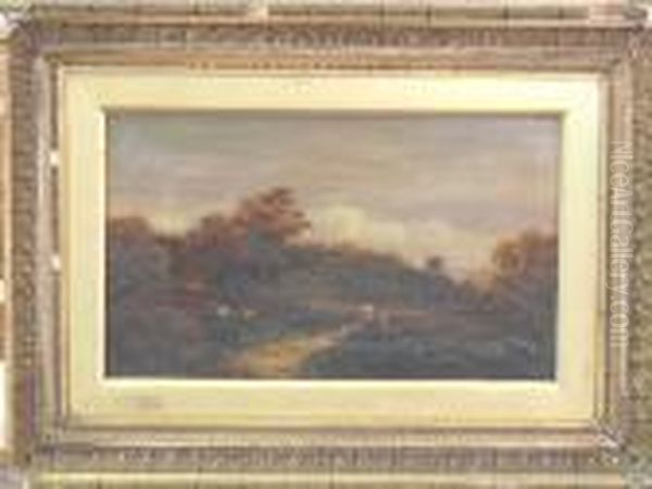 Figures And Sheep In A Wooded Landscape With Windmill Oil Painting by Alfred Vickers