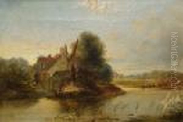 River Landscape With Figure And Boats By A Cottage Oil Painting by Alfred Vickers