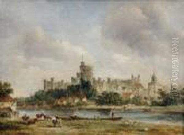 View Of Windsor Castle From The River With Boatmen Oil Painting by Alfred Vickers