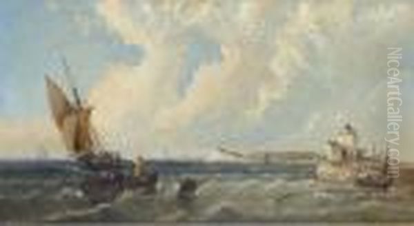 A Close Encounter Off The Harbour Mouth Oil Painting by Alfred Vickers