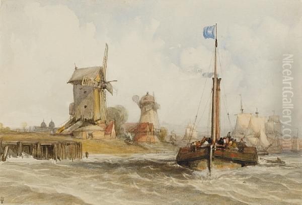 Windmills On The Thames Near Greenwich Oil Painting by Alfred Gomersal Vickers