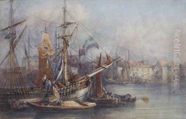 Unloading In The Docks Oil Painting by Alfred Gomersal Vickers