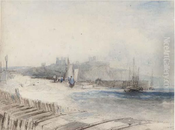 Fisherfolk On The Shore Below Dover Castle Oil Painting by Alfred Gomersal Vickers