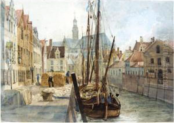 A Quay In Rotterdam Oil Painting by Alfred Gomersal Vickers