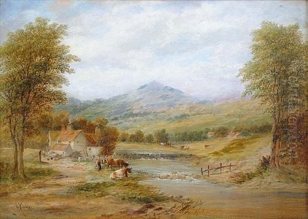 Cattle Grazing By A River Oil Painting by Alfred Gomersal Vickers