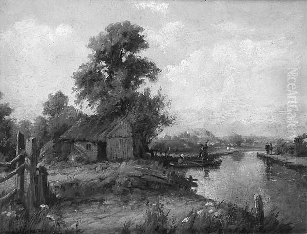 Figures In A Punt On A Quiet Stretch Of The River Oil Painting by Alfred Gomersal Vickers