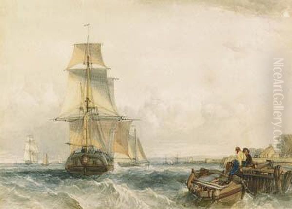 Shipping, With Figures On A Jetty In The Foreground Oil Painting by Alfred Gomersal Vickers