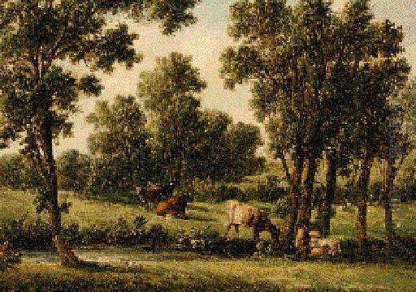 Cattle And Sheep Resting In A Wooded Landscape Oil Painting by Alfred Gomersal Vickers